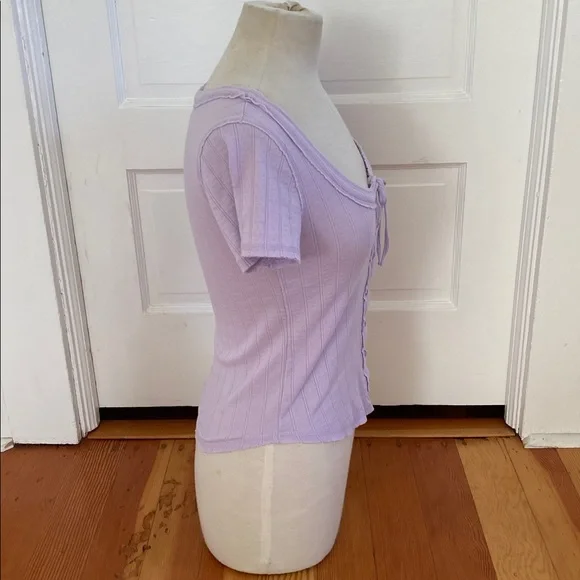 Aerie Light Purple Pointelle Knit Short Sleeve Button-Down Top XS - Picture 2 of 6